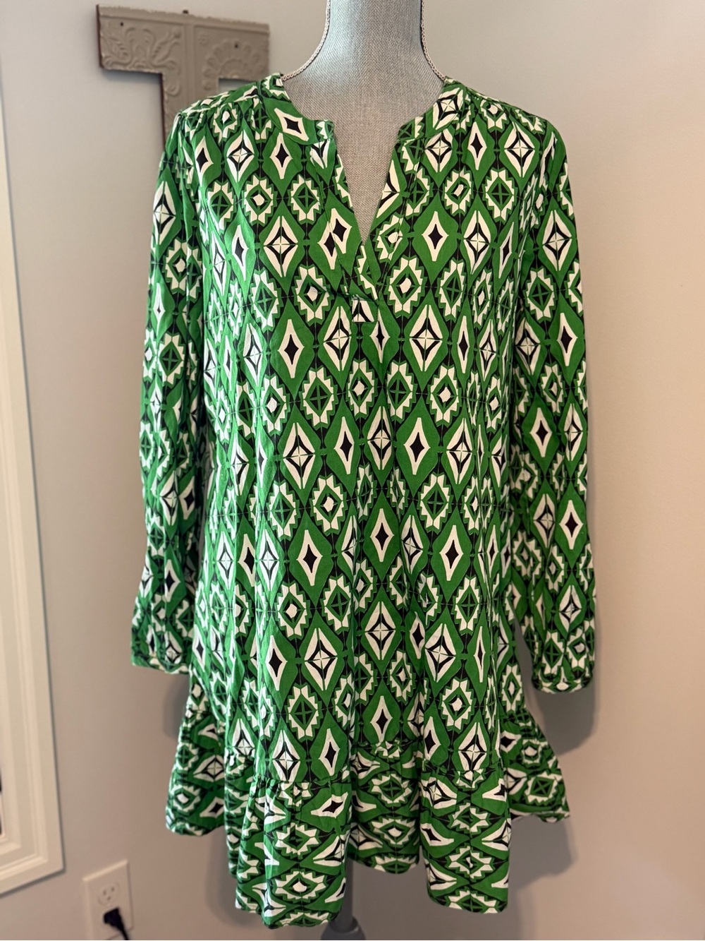 JAPNA Cotton V-neck Long Sleeve Tiered Bohemian Festival Mini Dress Casual